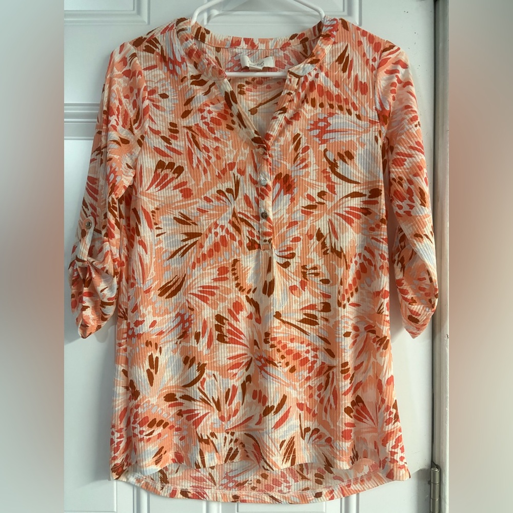Coral Bay Women's Tropical Print Blouse - Orange and White